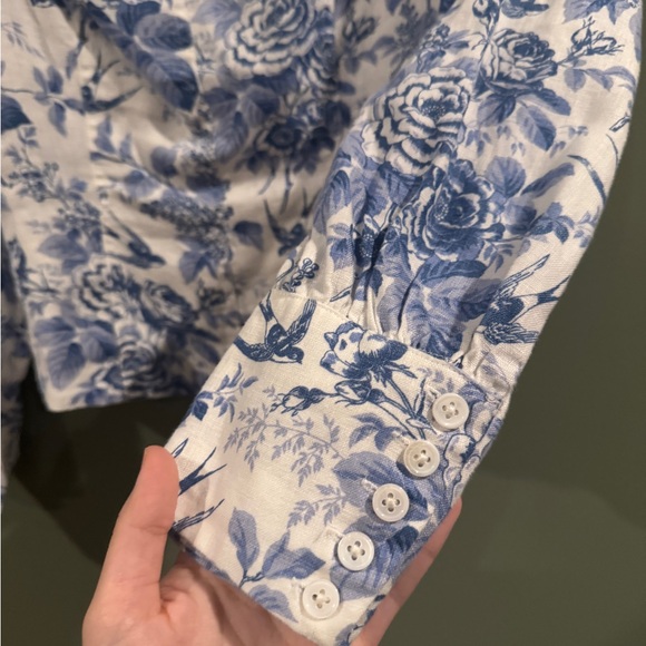 Reformation Stilton Linen top pompadour Blue White Floral Bird print New Size 8 - Picture 7 of 10